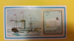 HOJA FILATELICA EXPOSICION MUNDIAL LONDON 1990 - CUBA -  STEAM SHIP - Collections, Lots & Séries