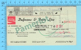 Trois-Rivieres Quebec Canada - Coca-Cola - Dufresne & Frères Manufacturier, Cheque De Paie  $174.98 En 1978 2 Scans - Cheques & Traveler's Cheques