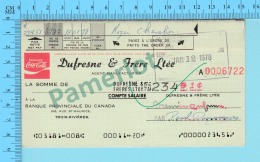 Trois-Rivieres Quebec Canada - Coca-Cola -Cheque De Paie Dufresne & Frères Manufacturier,  $234.51 En 1978 2 Scans - Cheques & Traveler's Cheques