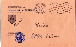 REL-L16 - FRANCE Lettre En Franchise Postale De La Mairie De Leutenheim Blason Thème Religion - Frankobriefe