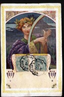 ILLUSTRATEUR ART NOUVEAU, LOUIS LESSIEUX, FEMME A LA HARPE - Lessieux