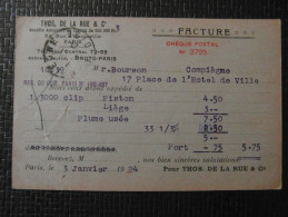 REPIQUAGE THOS DE LA RUE (Paris Rue Hauteville) Sur CP Facture De 1924 Au Type Semeuse 10c Rouge + Complement 10c Vert - Cartes Postales Repiquages (avant 1995)