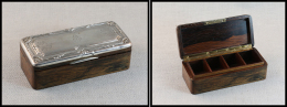 Boîte ébène, Couvercle Argent, Monogramme, Poinçons De Contrôle, 4 Comp, 115x50x35mm. - - Stamp Boxes