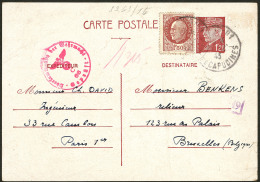 Entier Postal 1,20f Brun + Poste 517, Obl Cad Fév 43, Cachet De Censure Allemand, Pour Bruxelles. - TB - WW II