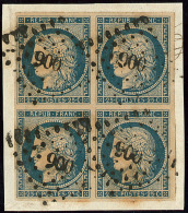 No 4d, Bleu Sur Jaune, Bloc De Quatre, Obl Pc 900, Sur Petit Fragment. - TB - 1849-1850 Ceres
