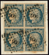 No 4d, Bleu Sur Jaune, Bloc De Quatre, Obl Pc 900, Sur Petit Fragment. - TB - 1849-1850 Cérès