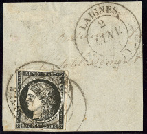 Oblitérations De Janvier 1849. Moyen Cad 14 De Laignes 2 Janv 1849, Sur N°3a (def) Sur Fragment Avec Cad R&ea - 1849-1850 Ceres