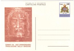 CARTOLINA POSTALE - SAN MARINO - ANNO 1978 - TORINO '78 - 400° ANNIVERSARIO TRASLAZIONE DELLA SINDONE - - Cartas & Documentos