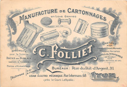 ¤¤   -   LYON  -  Carte De Visite De " C. Folliet " De La Manucture De Cartonnages - Usine 68 Rue Inkermann  -  ¤¤ - Tarjetas De Visita