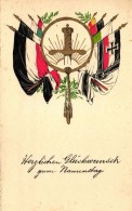 ** T1/T2 Namenstag / Name Day, Central Powers Military Propaganda, Flags; Etching Stlye Postcard - Unclassified