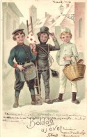 T2/T3 'Boldog Újévet!' / New Year, Postman, Chimney Sweeper, Baker, Emb., Litho (EK) - Unclassified