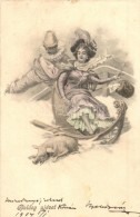 T2 Boldog Újévet / New Year Greeting Card, Lady With Clown, Pig - Zonder Classificatie