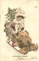 T2/T3 Karácsonyi üdvözlet / Christmas Greeting Card, Sledding Lady, Litho  (EK) - Unclassified