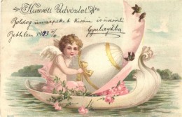 T2/T3 Húsvéti üdvözlet / Easter Greeting Card, Angel In Feather Boat, Litho  (EK) - Unclassified