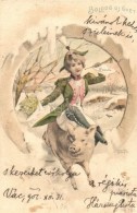 T2/T3 Boldog Újévet! / New Year Greeting Card, Pig Riding Lady, Litho S: HegedÅ±s-Geiger R. (EK) - Zonder Classificatie