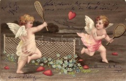 * T3 Angels Playing Tennis With A Heart, Embossed Litho Postcard (Rb) - Ohne Zuordnung