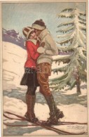 ** T1/T2 Italian Art Deco Postcard, Skiing Couple, 276-1 S: Mauzan - Unclassified