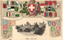 ** T4 Caux, Palace Hotel, Swiss Coat Of Arms And Stamps, Atelier K. Guggenheim & Cie 16544. Emb. Litho... - Non Classés