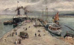 T3/T4 Trieste, Molo S. Carlo, Ships; B.K.W.I. Art Postcard (small Tear) - Unclassified