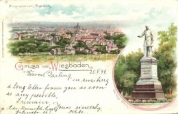 T2/T3 1899 Wiesbaden, Denkmal Kaiser Wilhelm I / Statue, Kunstanstalt Aug. Finkenrath Litho (EK) - Ohne Zuordnung