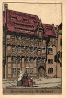 T2 Braunschweig, Gildehaus, Burgplatz / Half-timbered House, Main Square, Künstler-Stein-Zeichnung Nr.1 Litho... - Ohne Zuordnung