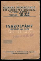 1938 Színházi Propaganda Igazolvány, Arcképes, Hiányos, 11x7cm - Sin Clasificación