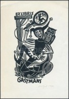 Silvi Väljal(1928-2014): Ex Libris Jan Gastmans. Linó, Papír, Jelzett, 12x7 Cm - Autres & Non Classés