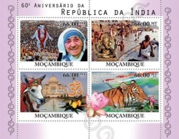 Mozambico 2010, 60th India, Gandhi, Mother Teresa, Tiger, 6val In BF - Mother Teresa