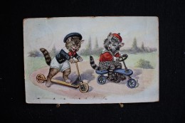 W - 539 - Carte Humoristique  - Deux Chats Habillés, Un En Trottinette L'autre En Vélo 3 Roues - Circulé 1930 - Dressed Animals