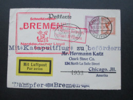 DR 1929 Erster Deutscher Katapultflug! Schnelldampfer Bremen Norddeutscher Lloyd. Postamt 5 Bremen. Halle - Chicago - Luft- Und Zeppelinpost