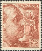 ESTADO ESPAÑOL. General Franco. Dentado Grueso. 25 Cts Castaño Rojo, Dos Sellos (uno De Ellos Con El DENTA - Neufs