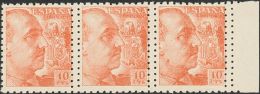 ESTADO ESPAÑOL. General Franco. Dentado Grueso. 10 Cts Castaño Naranja, Tira De Tres. DOBLE DENTADO VERTIC - Unused Stamps