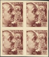 ESTADO ESPAÑOL. Pro Tuberculosos-General Franco. 10 Cts Castaño, Tres Bloques De Cuatro Con Diferentes Ton - Neufs