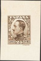 SIGLO XX. Alfonso XIII. Vaquer De Perfil. 25 Cts Castaño. PRUEBA DE PUNZON, Sobre Cartulina Estucada. MAGNIFICA Y - Unused Stamps