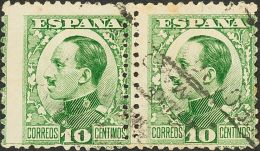 SIGLO XX. Alfonso XIII. Vaquer De Perfil. 10 Cts Verde, Pareja. DOBLE DENTADO VERTICAL. MAGNIFICO Y RARO, NO CATALOGADO. - Unused Stamps