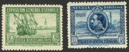 SIGLO XX. Exposición De Sevilla Y Barcelona. 15 Cts Verde Y 10 Pts Azul Oscuro. CAMBIOS DE COLOR Y DENTADO 11&fra - Neufs