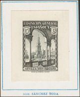 SIGLO XX. Exposición De Sevilla Y Barcelona. 5 Cts Negro. PRUEBA DE PUNZON, Adherida Sobre Cartulina Con Leyenda - Unused Stamps