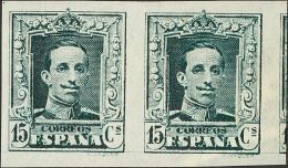 SIGLO XX. Alfonso XIII. Vaquer. 15 Cts Verde Azul, Pareja. SIN DENTAR Y FILIGRANA DE BILLETE DE BANCO. MAGNIFICA Y MUY R - Neufs