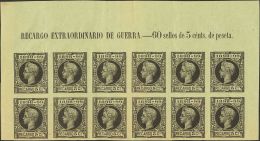 ALFONSO XIII. 5 Cts Negro, Bloque De Doce. ENSAYO DE COLOR SIN DENTAR, Sobre Verdoso. MAGNIFICO Y RARO. (Gálvez I - Unused Stamps