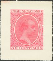 ALFONSO XIII. 50 Cts Rosa. PRUEBA DE PUNZON. MAGNIFICA Y MUY RARA. (Gálvez 1467) - Unused Stamps