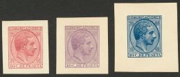 ALFONSO XII. 10 Cts Azul, 10 Cts Carmín Y 10 Cts Lila. PRUEBAS DE PUNZON. MAGNIFICAS Y RARAS. (Gálvez 1054 - Unused Stamps