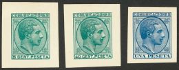 ALFONSO XII. 5 Cts Verde, 40 Cts Verde Y 1 Pts Azul. PRUEBAS DE PUNZON. MAGNIFICAS Y MUY RARAS. (Gálvez 1043, 104 - Unused Stamps