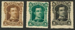 ALFONSO XII. 5 Cts Castaño, 5 Cts Castaño Amarillo, 5 Cts Negro Y 5 Cts Verde. ENSAYOS DE COLOR. MAGNIFICO - Neufs