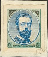 AMADEO DE SABOYA I. 12 Cts Verde, Negro Y Azul. PRUEBA DE PUNZON, Con La Firma Del Grabador. MAGNIFICA Y RARA. (G&aacute - Neufs