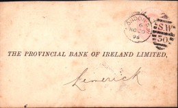 Lettre Entier Postal London Londres 1895 Irlande LimerickThe  Provincial Bank Of Irland Limited Westminster Bank - Material Postal