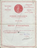 Ministére Des Finances/ Pensions D´Invalidité/Invalide/Brevet D´inscription/1950   BA42 - Documenti