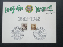 Böhmen Und Mähren 1942 Sonderblatt 100 Jahre Urquell. Sonderstempel Pilsen Bürgerliches Bräuhaus. Pilsener Urquell. Bier - Briefe U. Dokumente