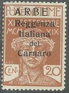 ARBE 1920 REGGENZA ITALIAN DEL CARNARO OVERPRINTED SOPRASTAMPA MODIFICATA SURCHARGE 20 CENT. MNH - Arbe & Veglia