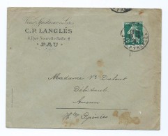 1504 - Lettre 1908 Vin Vins Spiritueux LANGLES à Pau - Circulée Pour Aucun Hautes Pyrénées 65 - Dulout - 1877-1920: Semi-Moderne