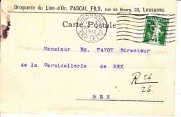 PERFORE SUR CARTE - MAISON " DROGUERIE DU LION-D´OR,PASCAL FILS - LAUSANNE - 1912-(9) - Perfin